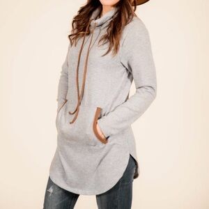 Hailey & Co. Long Cream Cowl Neck Sweater with Suede Detail & Front Pouch Pocket